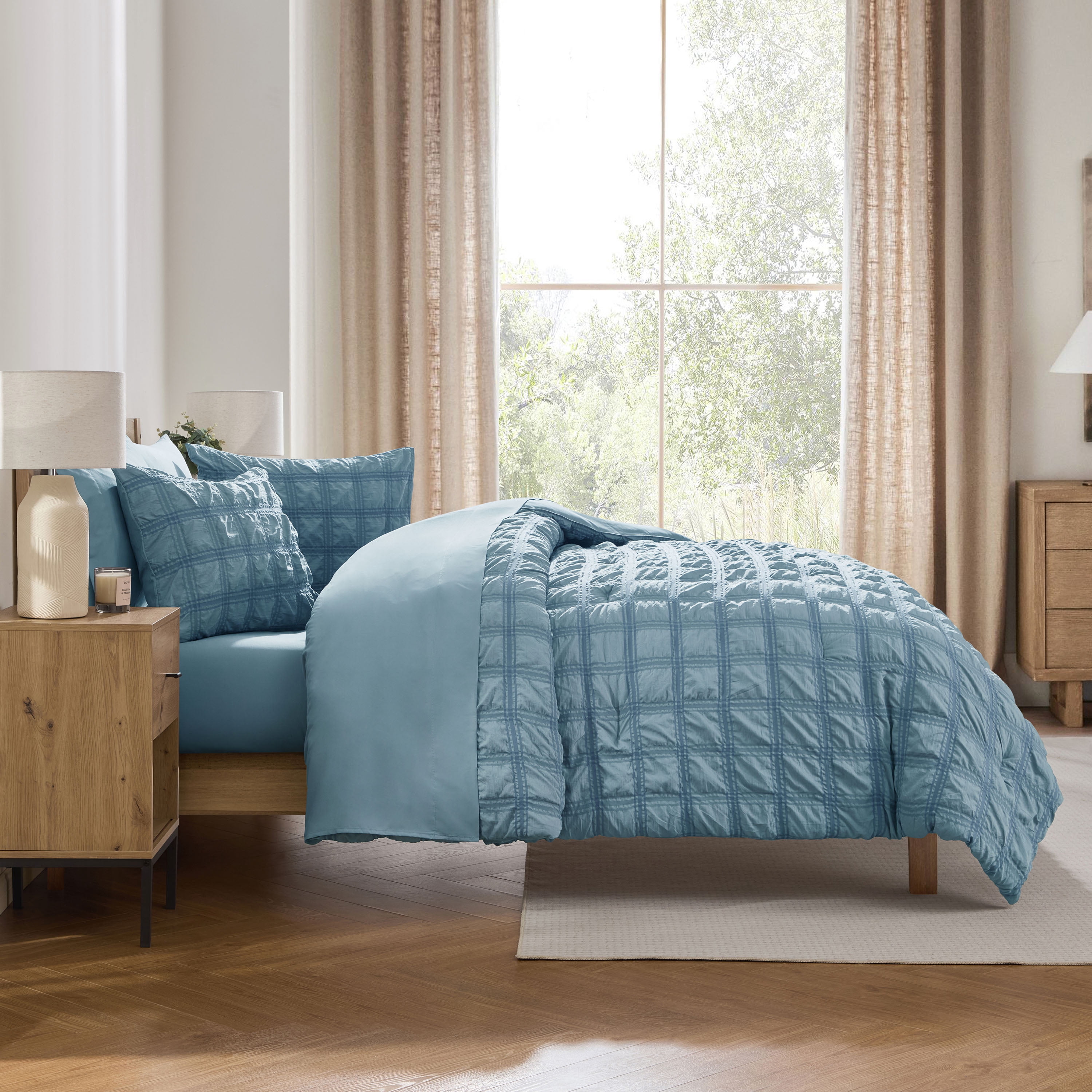 LammaLoe Queen Comforter Set, 7 Piece Seersucker Bed in a Bag, Bedding Comforter Set with Sheets, Modern Bed Set, Stone Blue