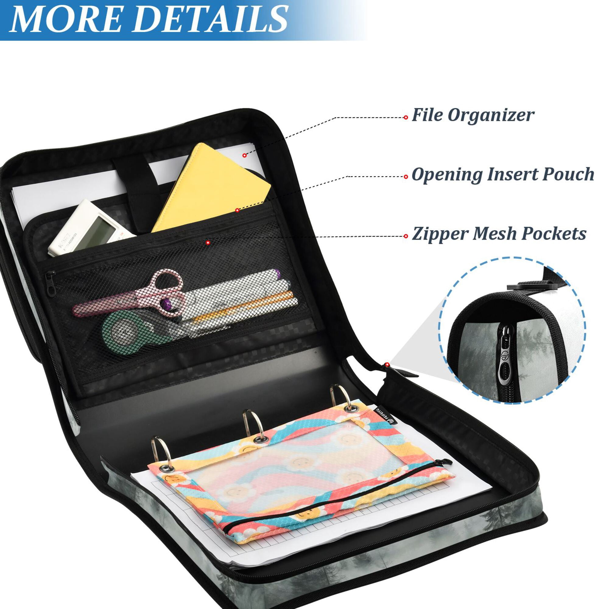 FORMRS Zipper Binder with Shoulder Strap 2-inch Ring 500 Sheet Capacity File Bag, Foggy Forest