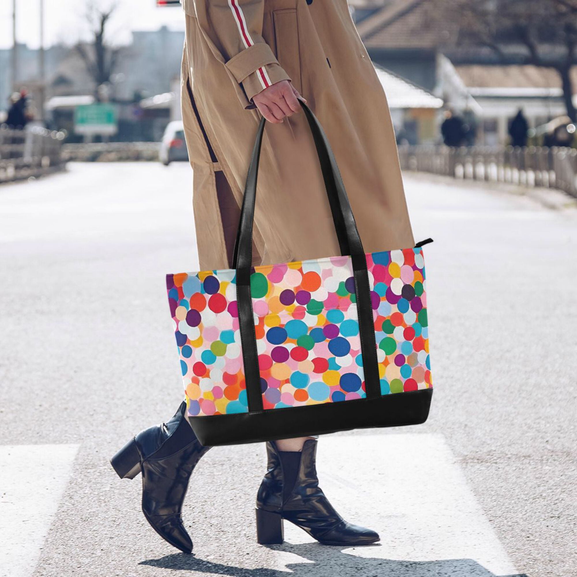 FORMRS Canvas Laptop Tote Bag for Women with 15.6" Computer Compartments Shoulder Handbag, Blue Colorful Circles