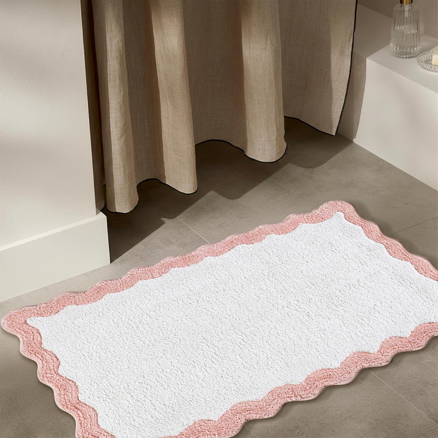 Savi Home Cotton Scalloped Bath Mat with Anti-Skid Backing, Blush Pink, 20" x 32"