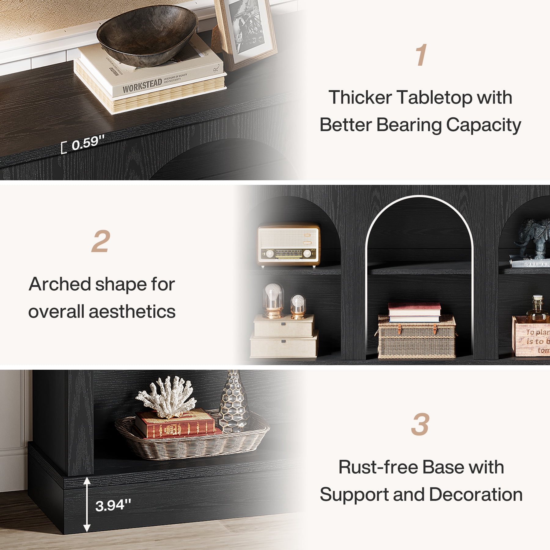 Tribesigns Farmhouse Console Table, 63-inch 3 Tier Entryway Table with Storage, Wooden Sofa Console Behind the Couch for Hallway, Black