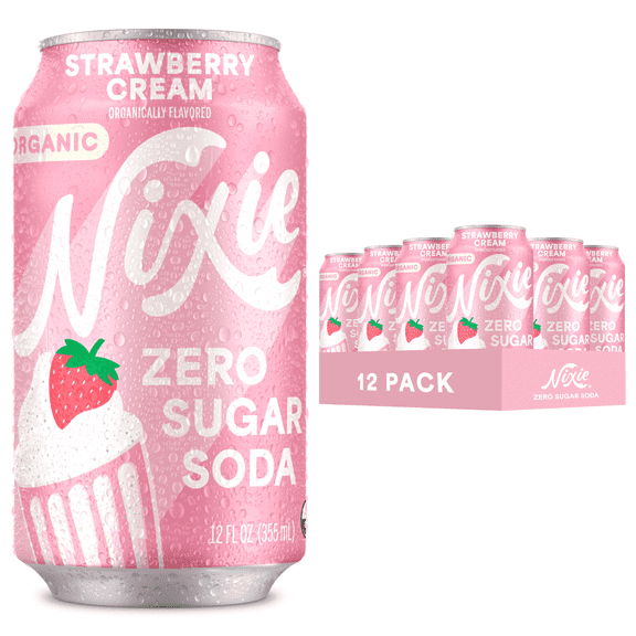 Nixie Organic Zero Sugar Soda, Strawberry Cream, Healthy Soda Pop, Non-GMO, 0 Sugar, 0 Calories, 12oz Cans (12 pack)
