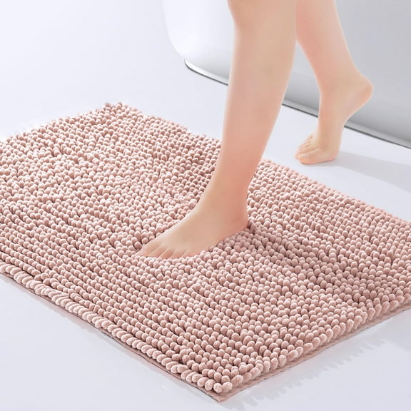 Plush Chenille Bath Mat 24"x17", Non-Slip Shower Rug for Bathroom Floor Bathtub, Thick Absorbent Washable Shag Bath Carpet, Ultra Soft Microfiber Chenille Mat, Dusty Pink