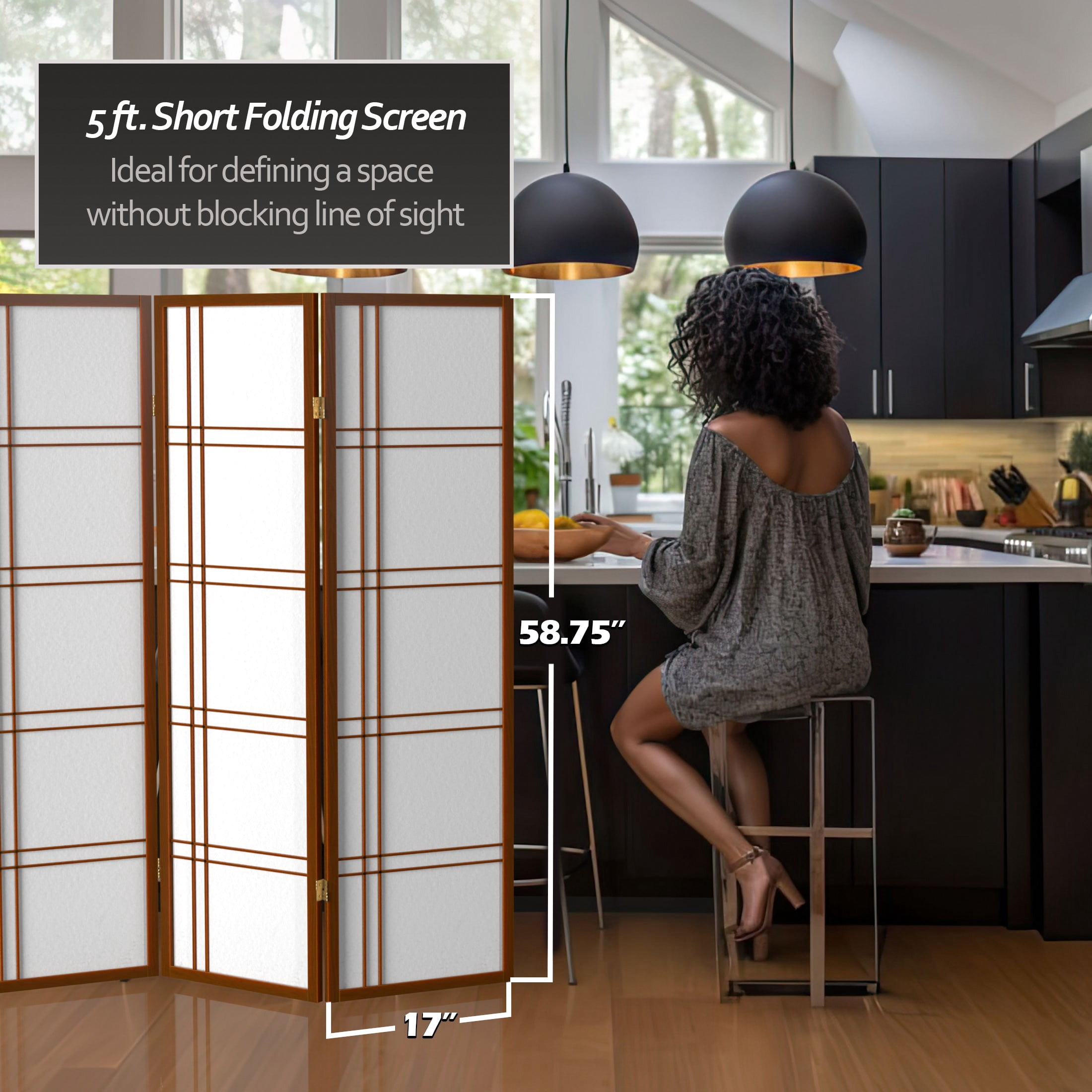 5 ft. Tall Japanese Style Shoji Screen with Double Cross Lattice - Walnut - Folding Panel