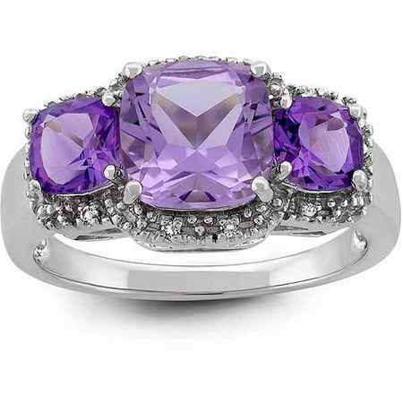 Cushion Cut Amethyst and White Topaz Sterling Silver 3-Stone Ring