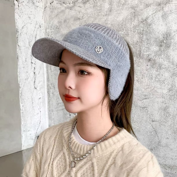 Gorro de mujer para otoño e invierno, con parte superior vacía, grueso, con protección para las orejas, cálido, estilo coreano, para exteriores, resistente al frío, de lana de punto, moderno