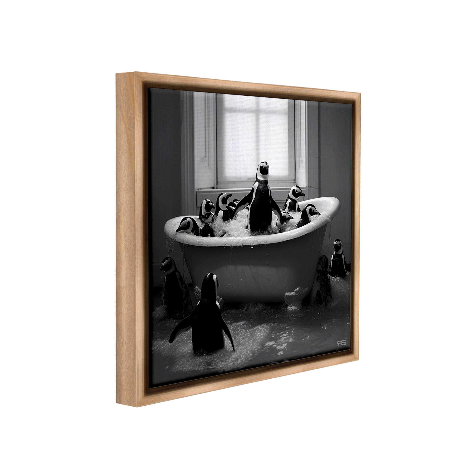Stupell Industries Penguin Flock in Tub Animals & Insects Painting Brown Floater Framed Canvas Art Print Wall Art, 25 x 25