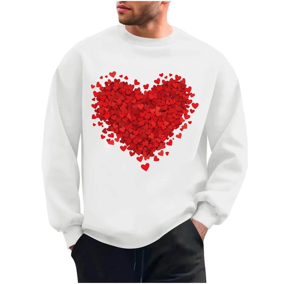 Mens Valentines Day Sweatshirts Love Heart Printed Graphic Casual Loose Long Sleeve Crewneck Pullover Shirts Top (XL, White)