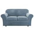 thumbnail image 3 of Stretch Velvet Plush Sofa Covers Couch Armchair Slipcover Protector with Cushion Covers, Grey Blue, For 2-Seater Loveseat, 3 of 14