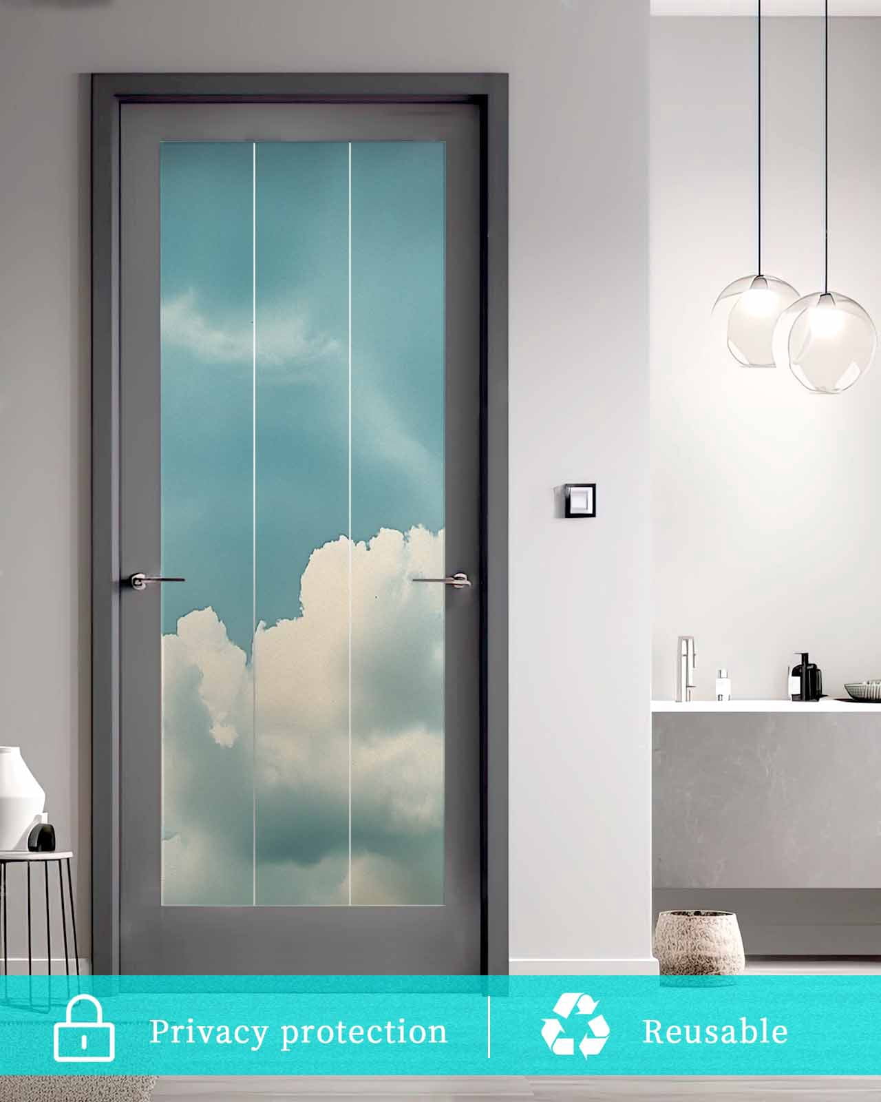 Window Privacy Film Light Blue Cloudy Sky Stained Glass Window Film Decorative Sun Block Window Cover Modern Retro Clouds Scenery Window Clings Static Adhesive Sticker for Bathroom 23.6"x59"