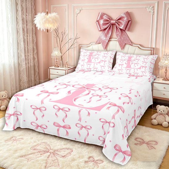 Manfei Cartoon Bow Letter L Monogrammed Bed Sheets 4pcs for Girls Teens,Polka Dots Vintage Bowtie King Sheets for Kids,Super Cozy Room Decor