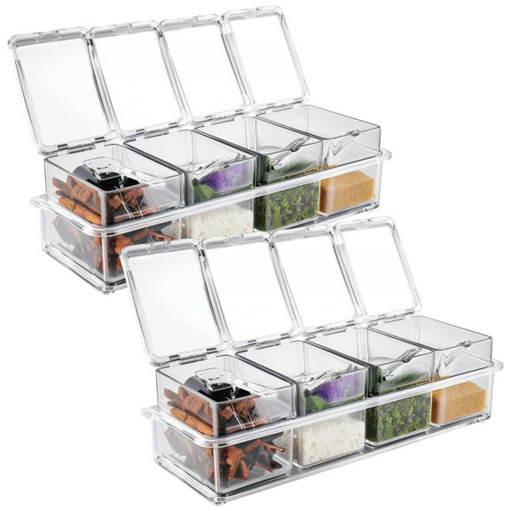 2 Pcs of 4-Compartment Spice and Topping Containers Set with Spoons, Clear Plastic Storage Boxes for Condiments, Ice Cream Toppings, and Seasonings, Leak-Proof and Dust-Free