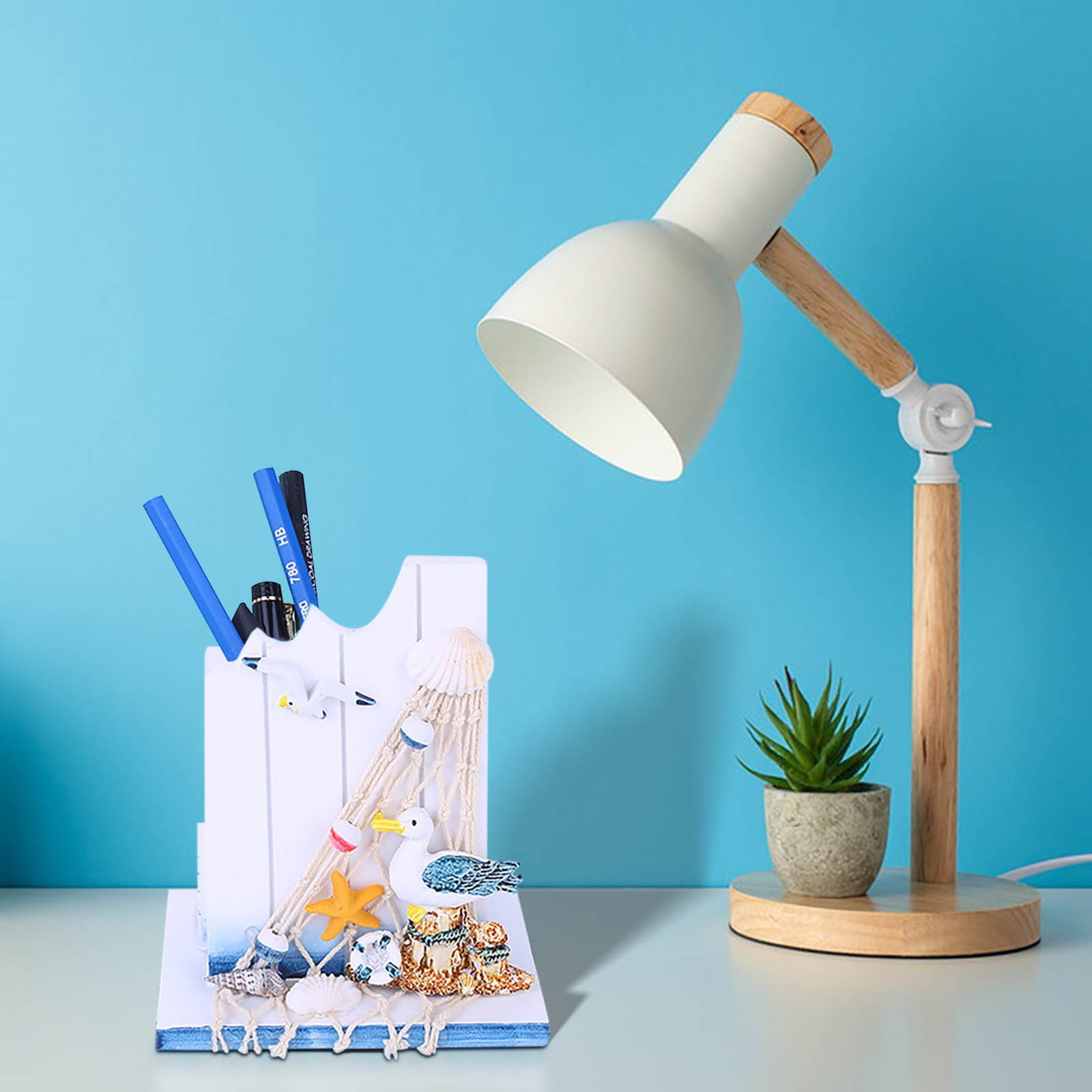 Yannianjz Vintage Pen Container, Wooden Desk Storage Box for Office Study, Seastyle Decorative Pen Holder, Home Office Organizer for Pens Pencils, Nautical Style Desk Accessory