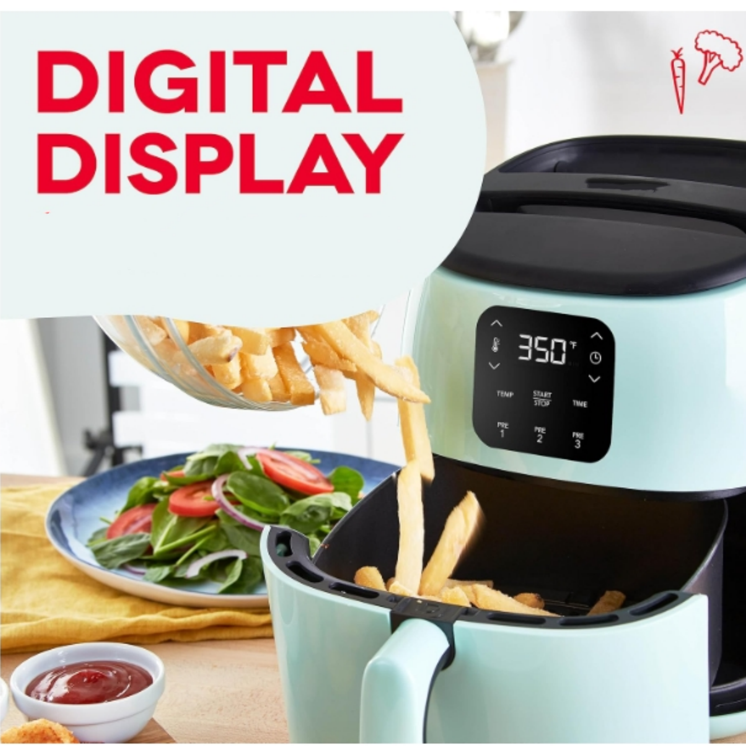 2.6 Qt., Aqua – Compact Air Fryer for Healthier Food in Minutes, Ideal for Small Spaces - Auto Shut Off, Digital,