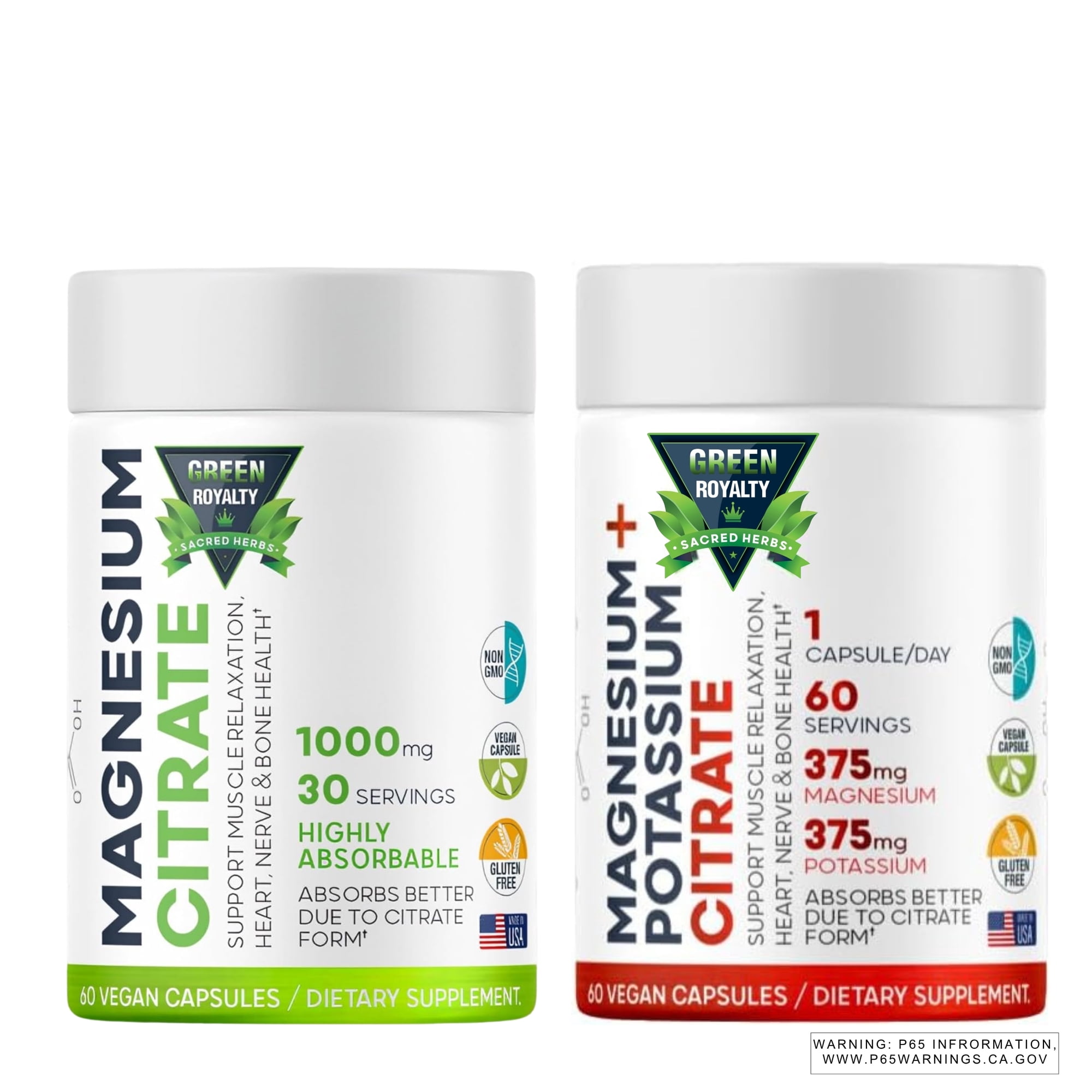 Green Royalty Magnesium Citrate 1000mg + Magnesium & Potassium Citrate 375mg, 2 Pack (60 Vegan Capsules Each) – Energy, Muscle, and Stress Support – Non-GMO, Gluten-Free
