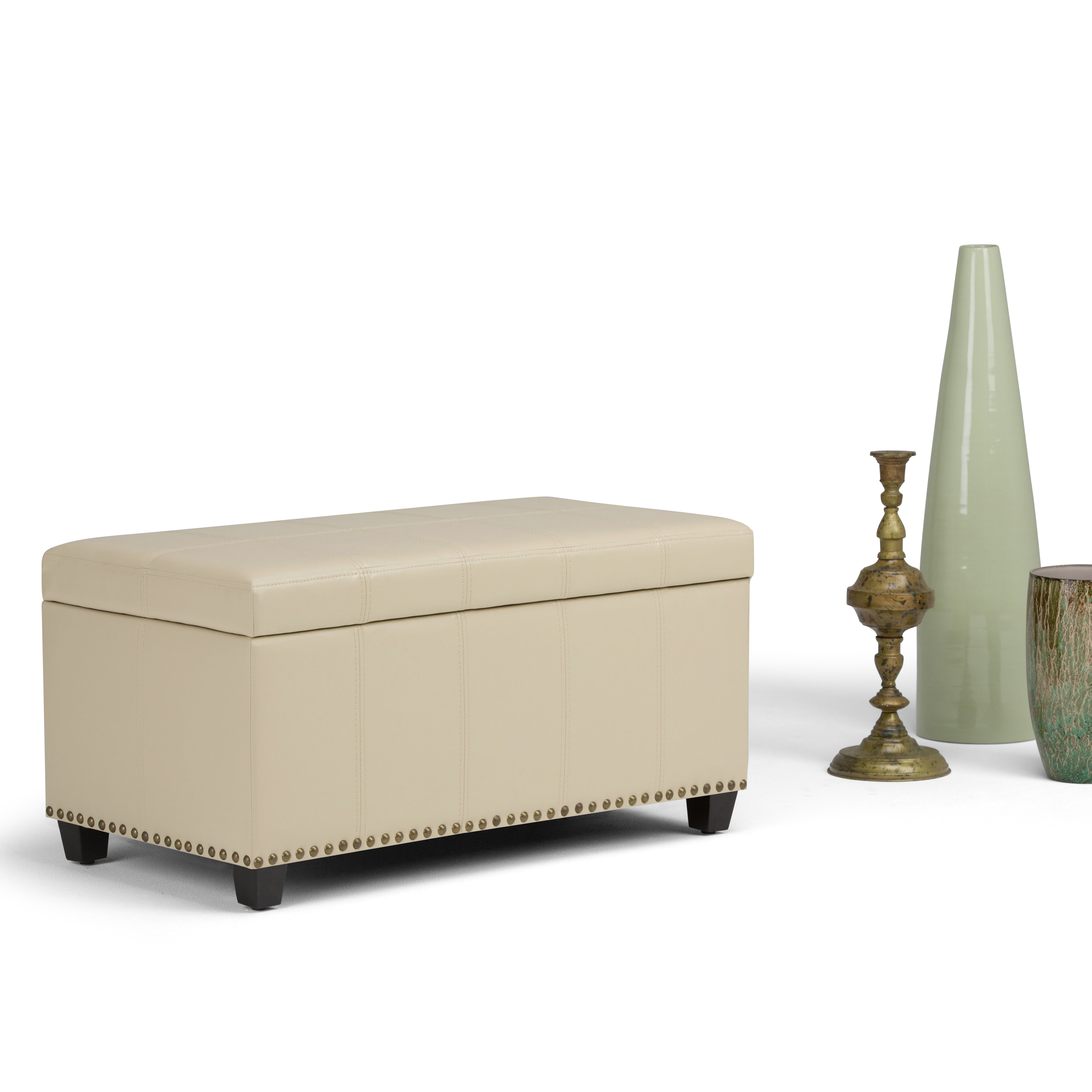 Amelia 33 inch Wide Transitional Storage Ottoman Bench in Satin Cream Vegan Leather