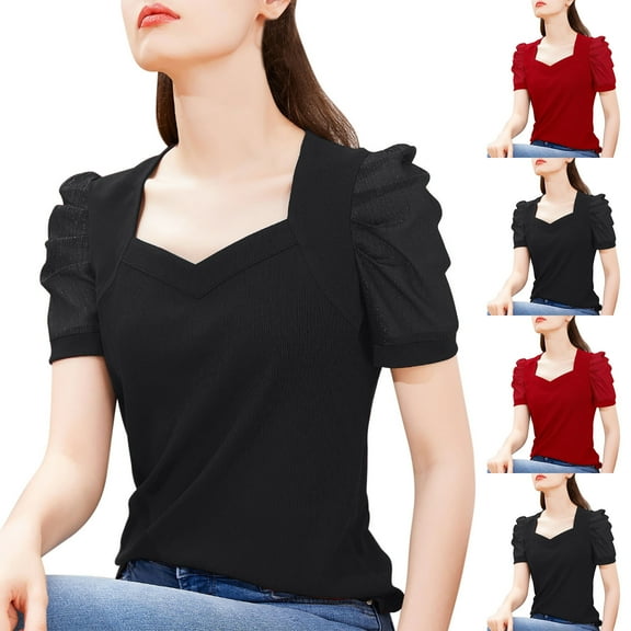 Miluxas Women's Puff Short Sleeve Tops Loose Lightweight V Neck Pullover Shirt Blouse Red XL(XL)