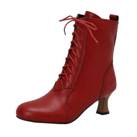 GHSOHS Boots for Women Pull on Waterproof Boots Ankle Booties Shoes Heeled Boots for Women Retro Fashion All Front Lace Up High Heeled Short Boot Western Cowgirl Boots Size 39