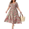 thumbnail image 1 of GRACE & GRANDEUR Vestidos Maxi Boho Florales de Cuello Cuadrado con Mangas Cortas para Mujeres Talla Grande 1X Rosa Verde, 1 of 8