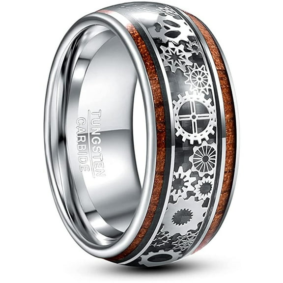 10mm Steampunk Gear Wheel Tungsten Ring for Men Women Koa Wood Inlay Domed Polished Comfort Fit Size 7-14