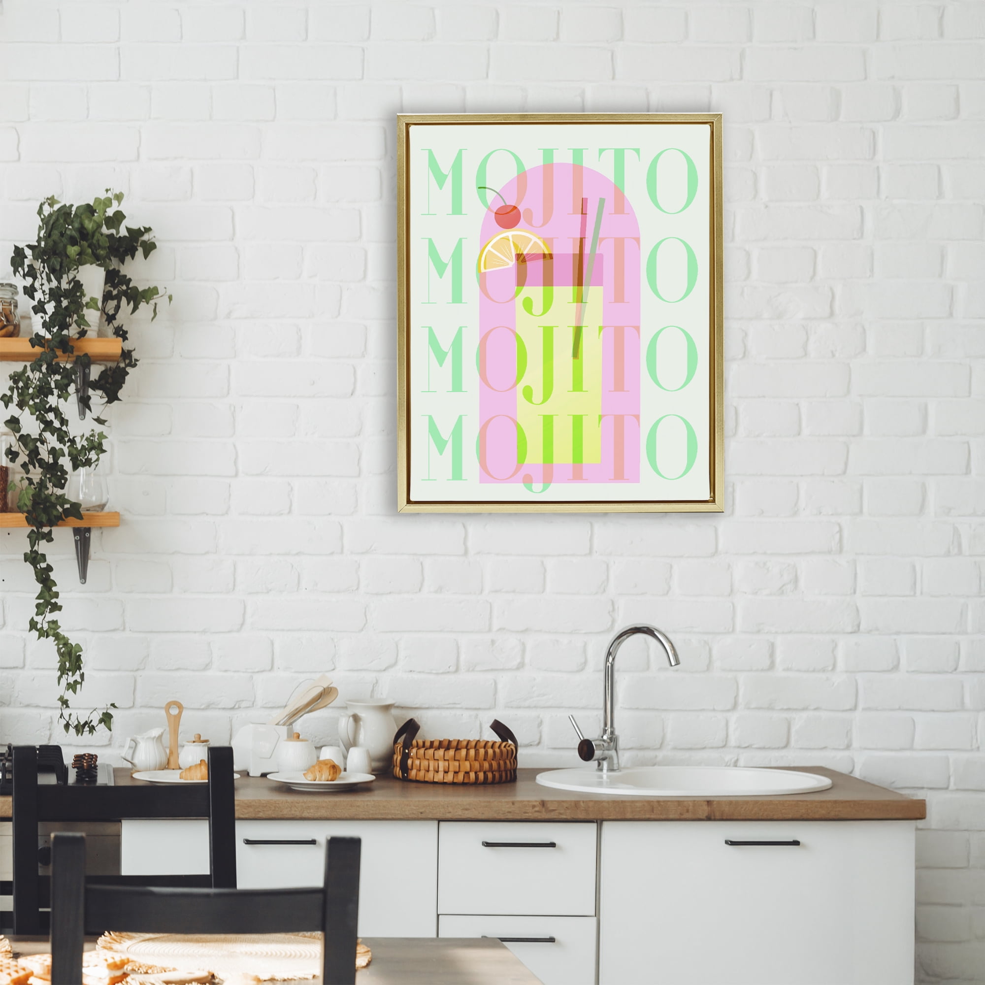 Retro Pastel Mojito Gold Framed Floater Canvas Wall Art, design by Lil' Rue
