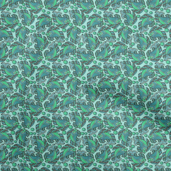 oneOone Viscose Jersey Turquoise Blue Fabric Kalamkari Fish Sewing Craft Projects Fabric Prints By Yard 60 Inch Wide