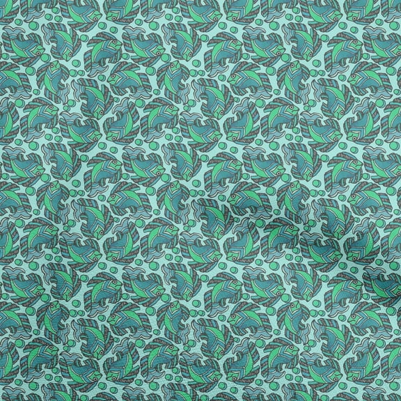 oneOone Polyester Spandex Turquoise Blue Fabric Kalamkari Fish Fabric For Sewing Printed Craft Fabric By The Yard 56 Inch Wide