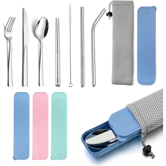 HaWare Ustensiles de Voyage Portables avec Étui, Ensemble de Couverts en Acier Inoxydable pour Camping Bureau École Déjeuner, Incluant Couteau Fourchette Cuillère Baguettes, Réutilisable et Lavable au Lave-Vaisselle (Bleu)
