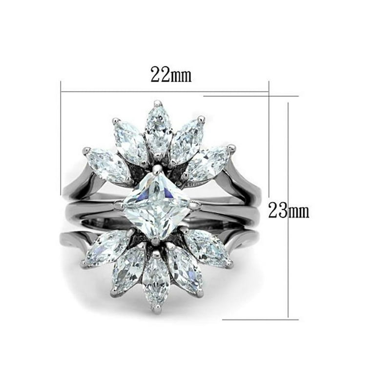 Women s Stainless Steel 316 AAA Grade Cubic Zirconia 3 Piece Wedding Ring Set Size 10