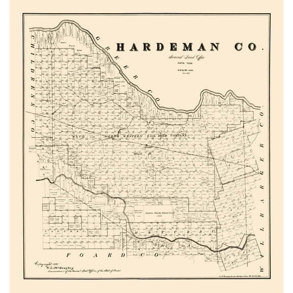 Historic County Map - Hardeman County Texas - McGaughey 1891 - 23 x 24.60 - Vintage Wall Art