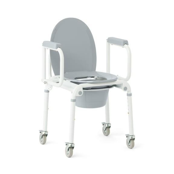 Medline Aluminum Drop-Arm Bathroom Chair Commode with 4 Locking Casters, 300 lbs. capacity