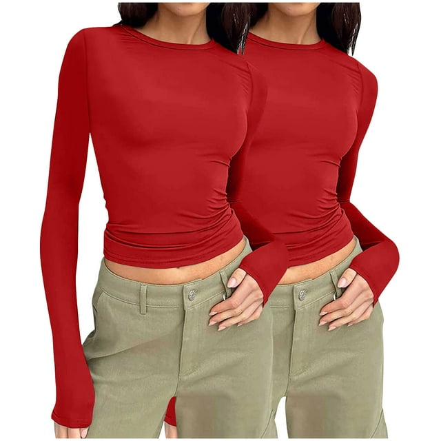 Pisexur 2 Pcs Hauts d'Automne pour Femmes Manches Longues Hauts pour Femme Mode T-Shirts Courts Col Rond Décontractés Ajustés Blouses Unies Chandail Tops Basiques T-Shirts d'Automne