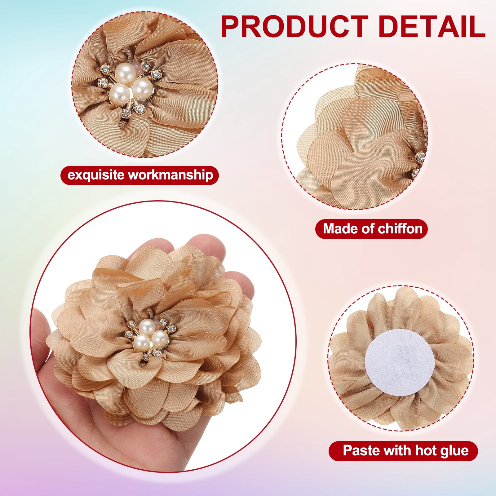 Unique Bargains 10Pcs Chiffon Flowers Fabric Rhinestone Pearl Appliques Beige 3.15"