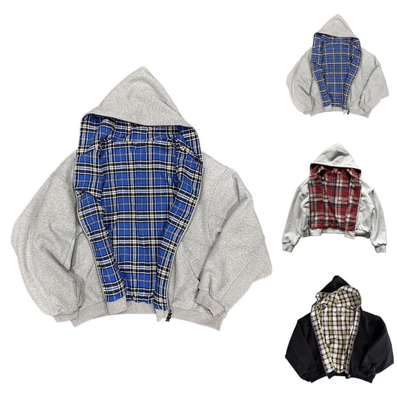 Mens Zip Up Hoodie Oversized Reversible Casual Plaid Jackets Y2k Winter Streetwear Athletic Outdoor Sweatshirts Black L