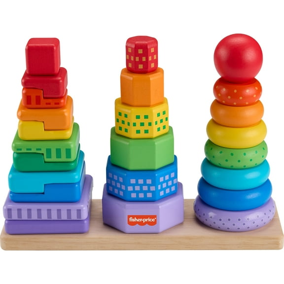 Fisher-Price Wooden Rainbow Stacking Shape Sorter, Fine Motor Toy for Toddlers, 26 Wood Pieces