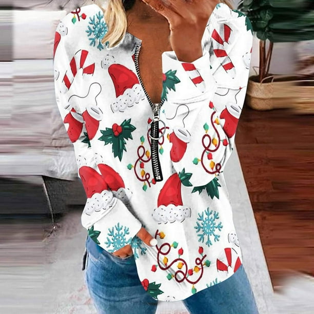 Pntutb, camiseta informal de manga larga con cuello en V de Navidad para mujer, blusa holgada con estampado de otoño, tops con cremallera Pntutb Pntutb-2389