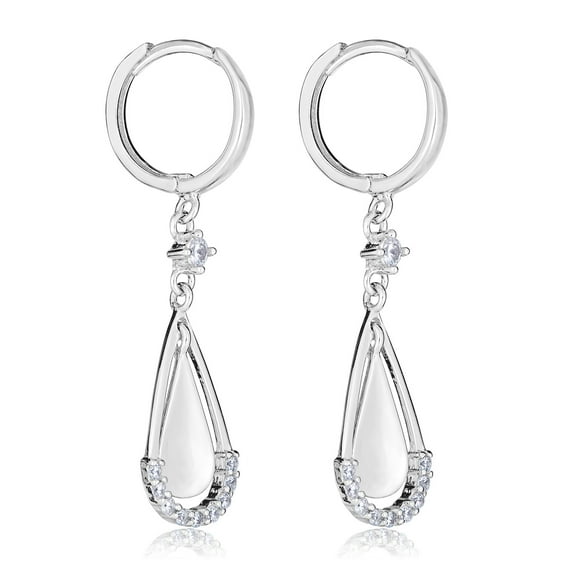 AVORA 925 Sterling Silver Dangling Simulated Diamond CZ Teardrop Huggie Hoop Earrings