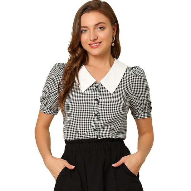 Blusa De Manga Farol A Cuadros Para Mujer Con Cuello En Contraste Y Botones Negro S