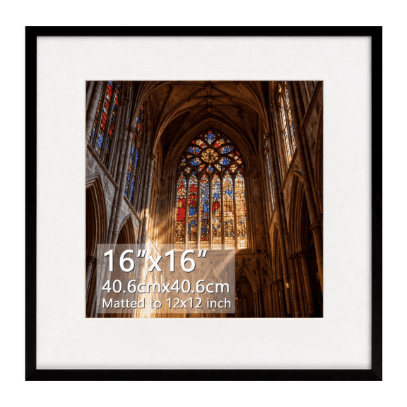 16x16 Black Plastic Frame with Plastic Cover, Display Pictures 12x12 with Mat or 16x16 Without Mat, 1 Pack 16 by 16 Frame for Wall Hanging