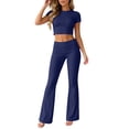 thumbnail image 6 of zejinsd Two Piece Sets for Women Short Sleeves Crop Tops with High Waist Fit Flare Pants Sets Casual Outdoor Tracksuits Yoga Fitness Outfit, 6 of 7