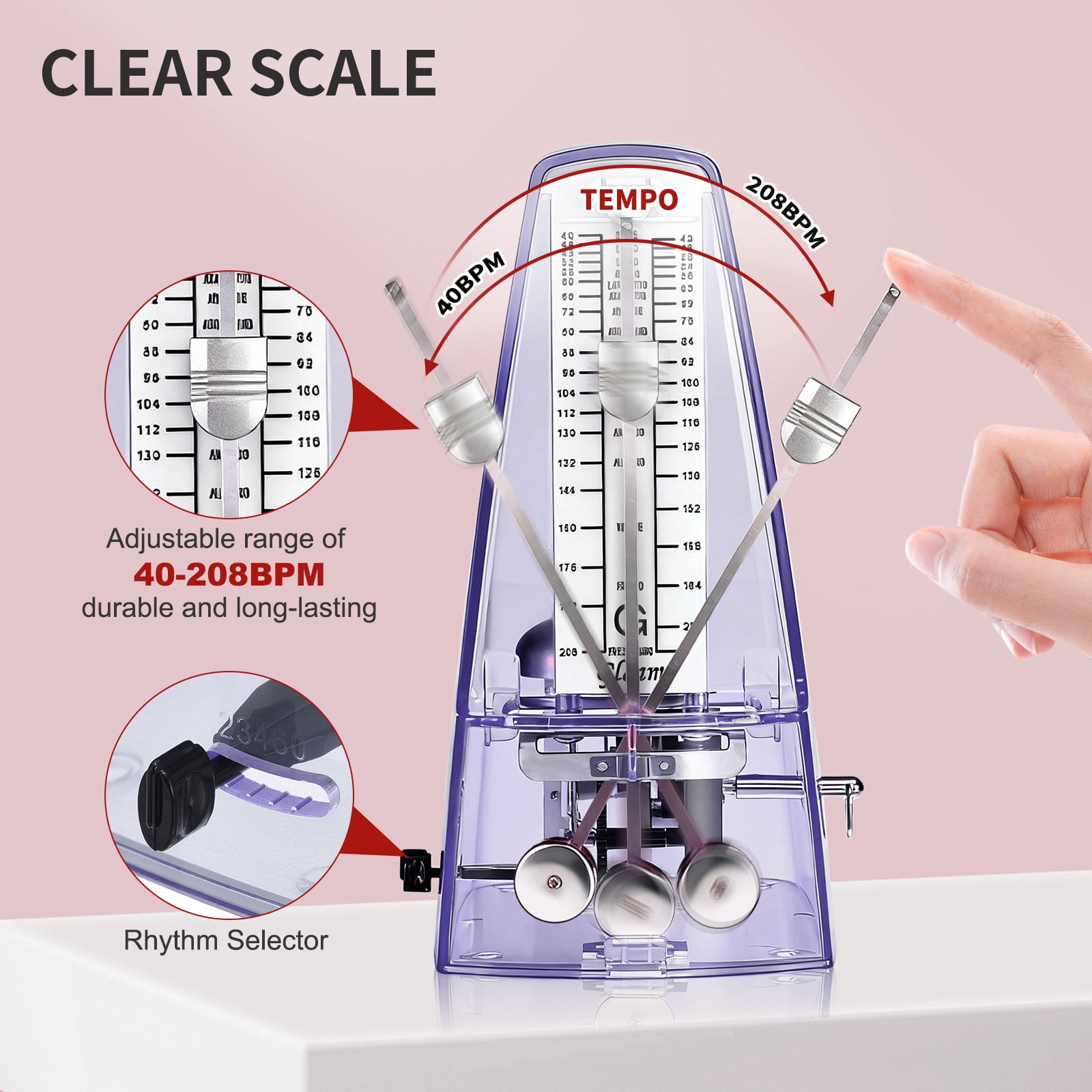Uxcell Mechanical Metronome, Metronome for Piano, Guitar, & Other Instruments, Loud Sound and High Precision Track Beat for Beginners,Transparent Purple