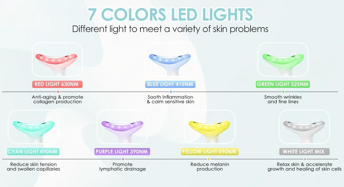 Facial Massager -7 Color Red-Light-Therapy for Face and Neck for Wrinkles, Double Chin, Vibrating Facial Massager with Thermals (White)