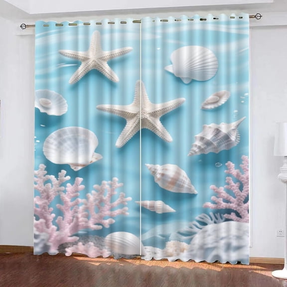 Beach Blackout Curtains for Home Decor, Starfish Seashell Darkening Window Curtain for Bedroom Living Room, 2 Sets of Panels, Ocean Grommet Thermal Insulated Drapes-42"W x 63"L (Pack of 2)