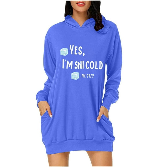 TIMIFIS Hooded Sweater Dress Women's Christmas Print Loose Long Sleeve Hoodie Sweater Top Hooded Dress with Pockets