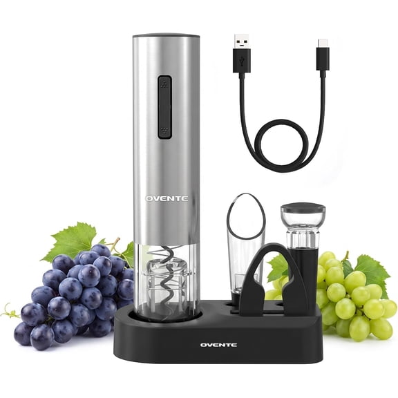 OVENTE Rechargeable Wine Opener Set WBR446S – Cordless Corkscrew with Base, Foil Cutter, Pourer and Stopper. Sleek silver gift for home bar, parties, holidays & wine lovers.