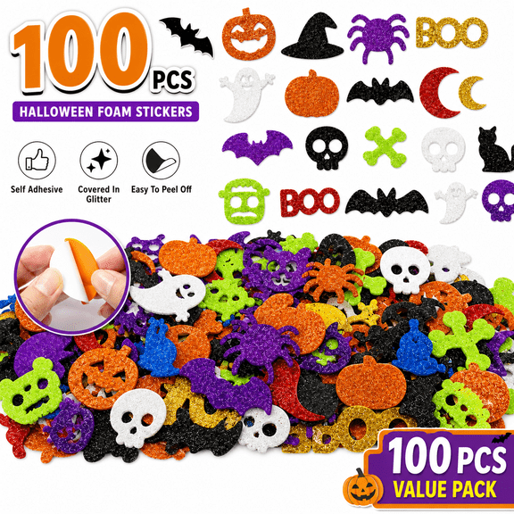 Halloween Stickers 100 pcs Glitter Foam Self Adhesive Decorations for Party Gift Bags Scrapbooking