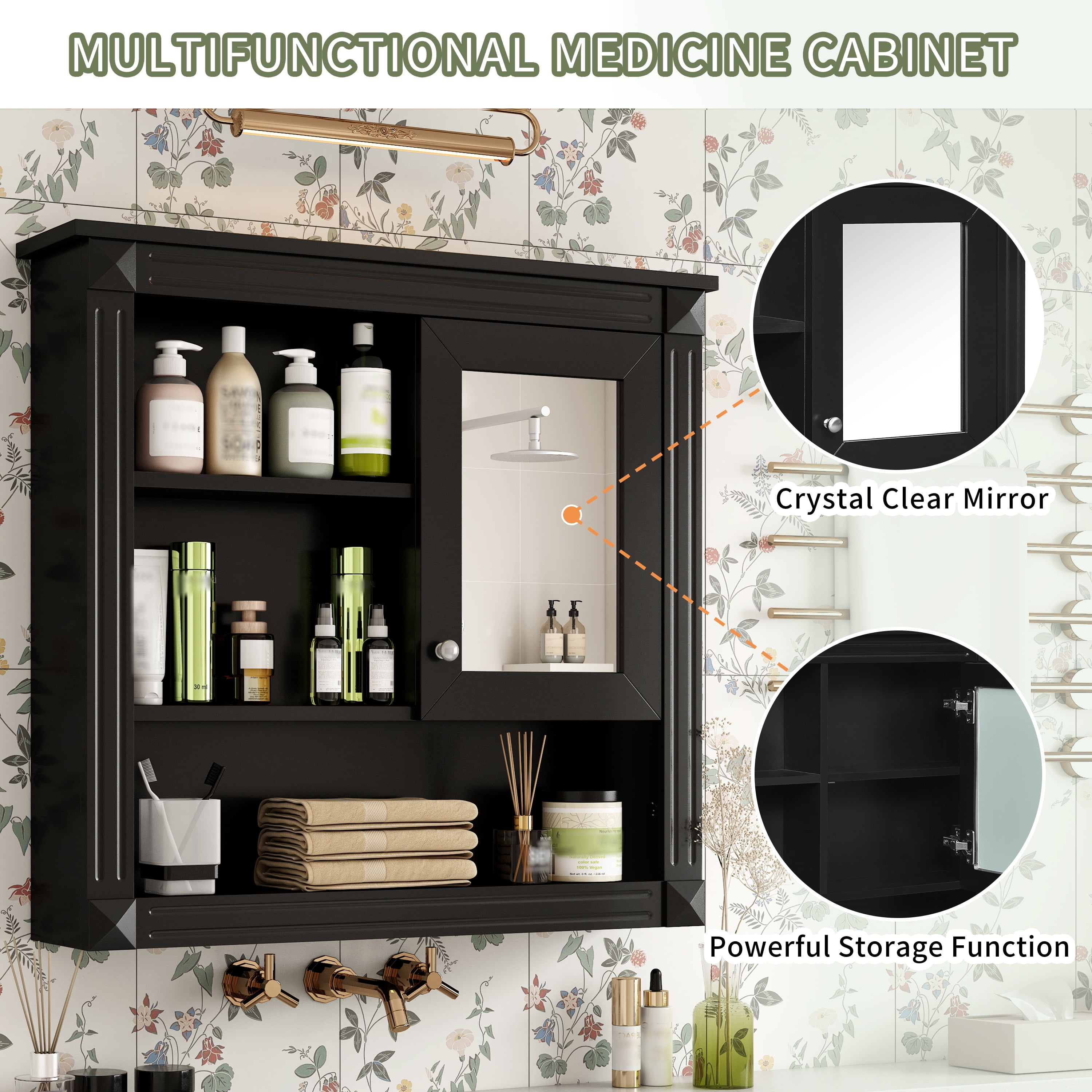 Euroco Wall Mounted Medicine Cabinet, Mirrored, MDF, Glass, 36'' x 17'' x 8'', Black