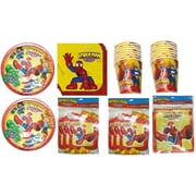 Spiderman and Friends Birthday Supplies Bundle includes 16 Plates, 16 Napkins, 16 Cups, 16 Blowouts, 1 Banner
