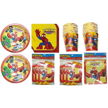 Spiderman and Friends Birthday Supplies Bundle includes 16 Plates, 16 Napkins, 16 Cups, 16 Blowouts, 1 Banner