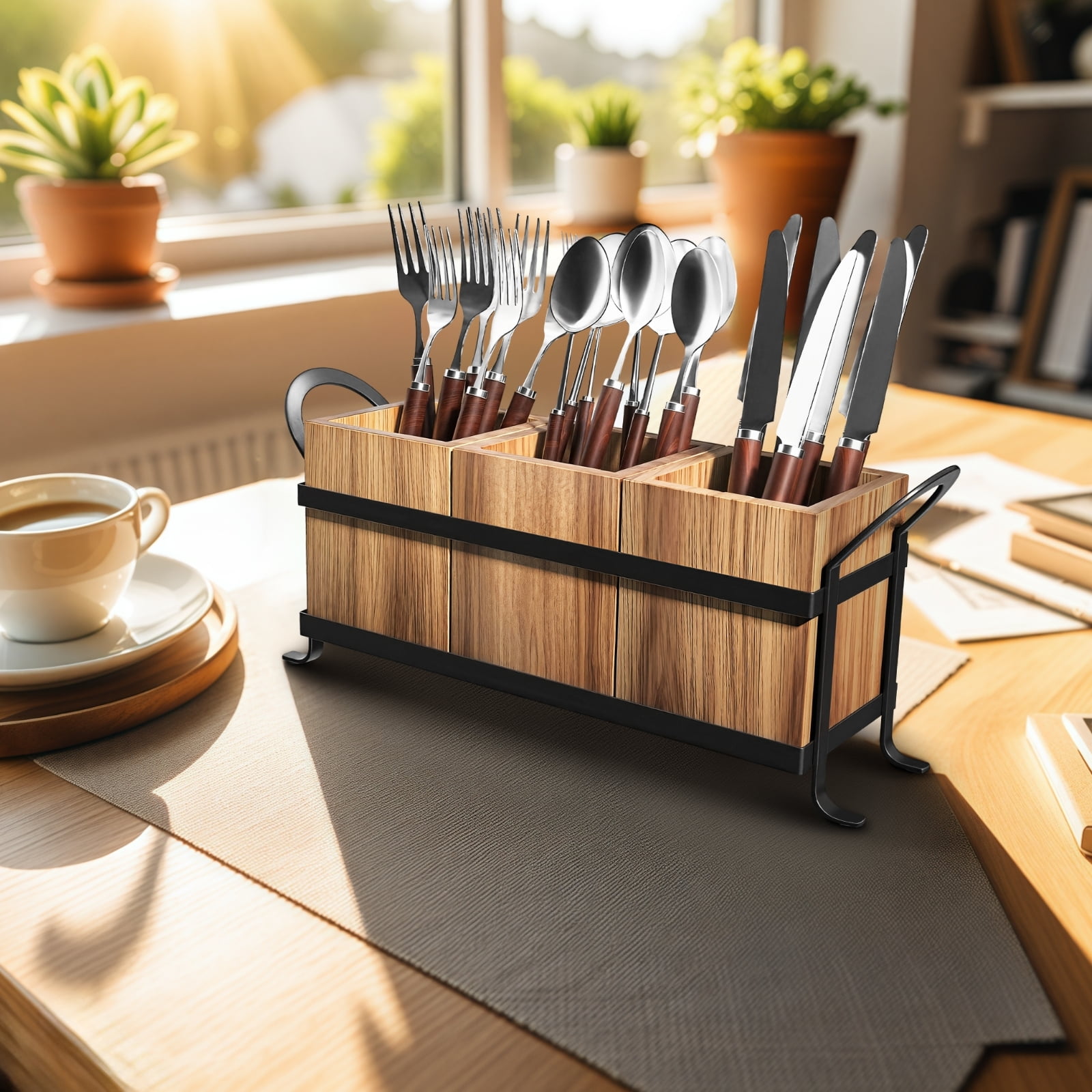 Silverware Caddy, Wooden Utensil Holder with 3 Compartments and Handle, Farmhouse Rustic Cutlery Holder Flatware Caddy for Party Kitchen Counter